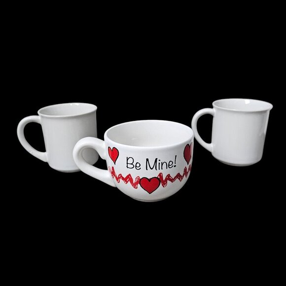 Charlie Brown Peanuts Be Mine Valentine's Day Coffee Cup Mug Hearts 3 Piece Set - Picture 3 of 10